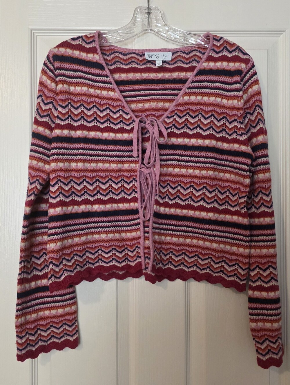 Jessica Simpson Womens Tie-Front Cardigan Knit/Crochet Pink/Blue Stripe Size L